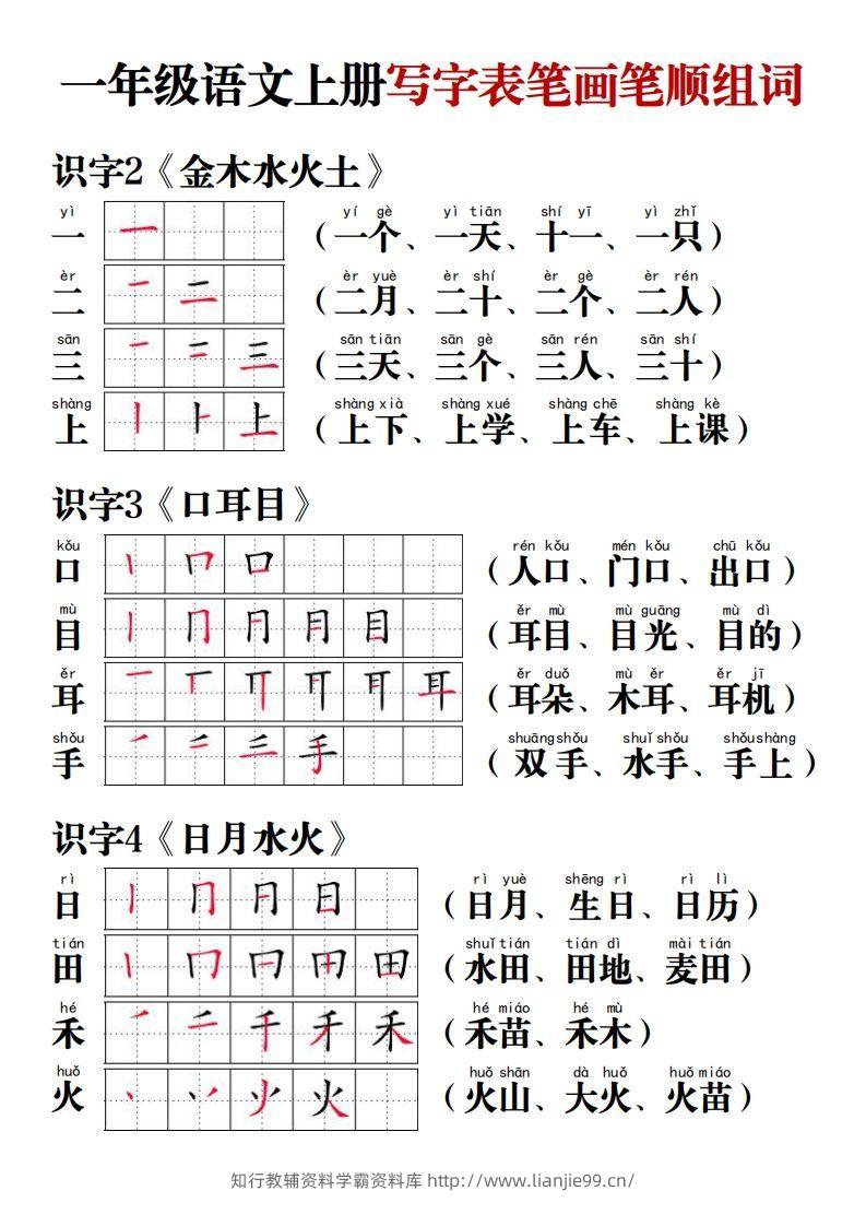 【写字表笔画笔顺组词】一上语文-学霸资料库学科资源下载