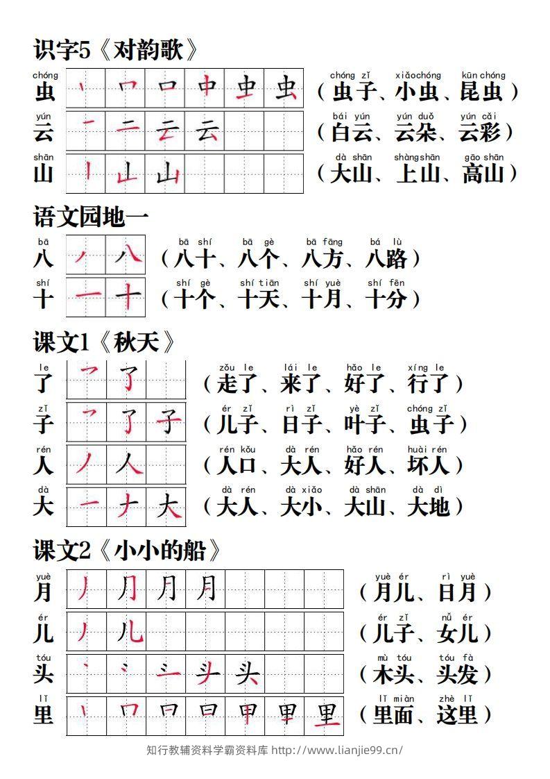 图片[2]-【写字表笔画笔顺组词】一上语文-学霸资料库学科资源下载