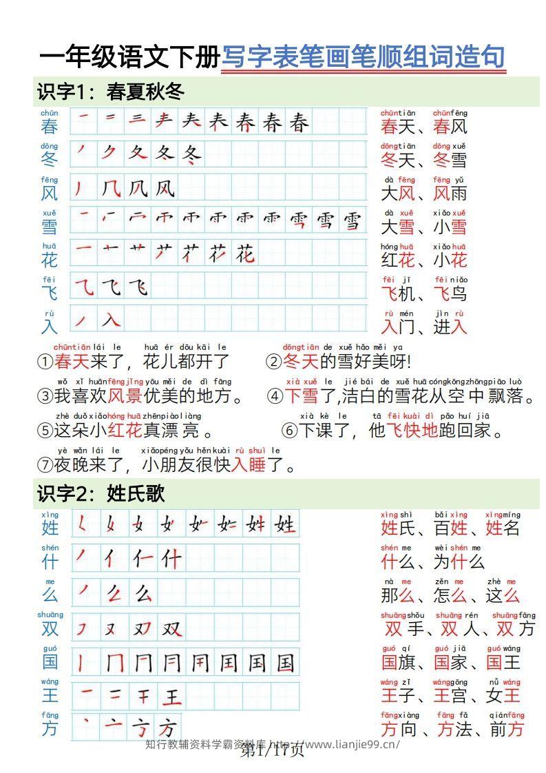 1.19一年级语文下册写字表笔画笔顺组词造句-学霸资料库学科资源下载