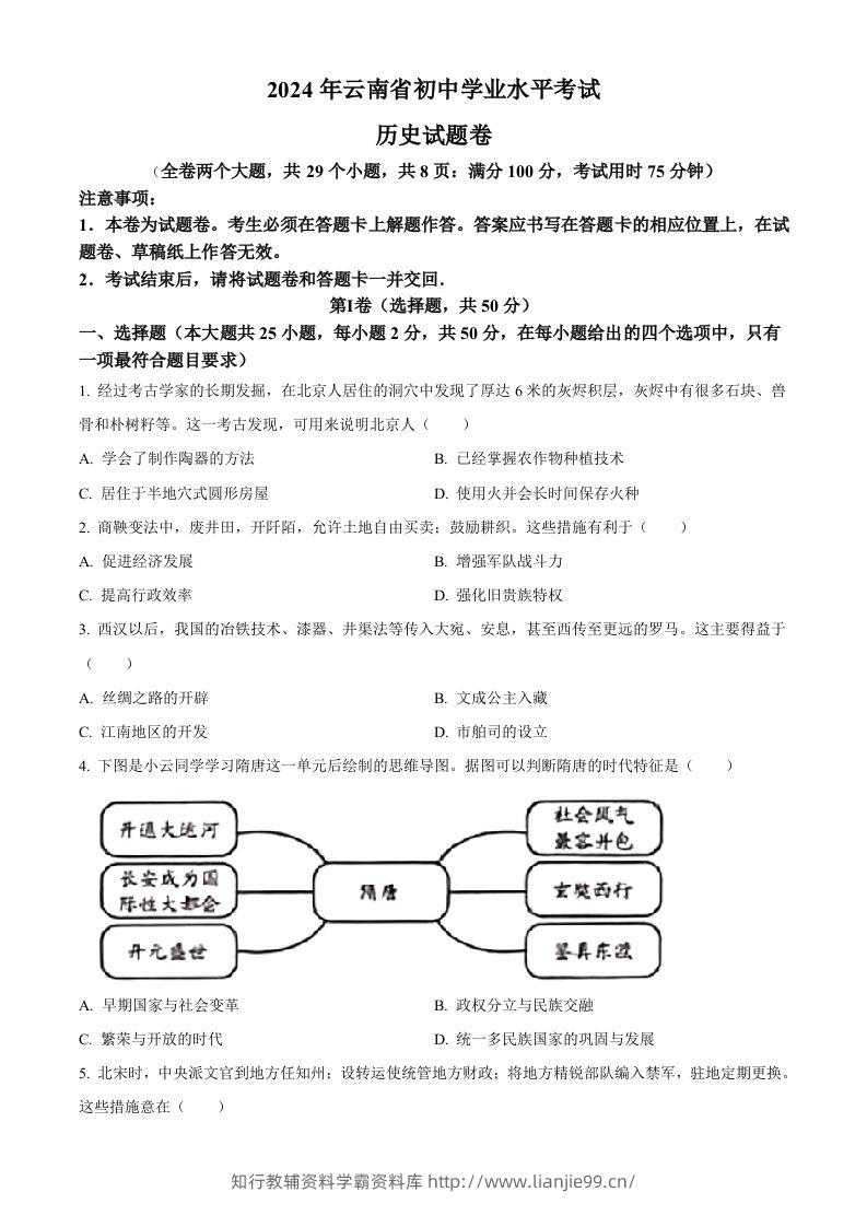 2024年云南省中考历史真题（空白卷）-学霸资料库学科资源下载
