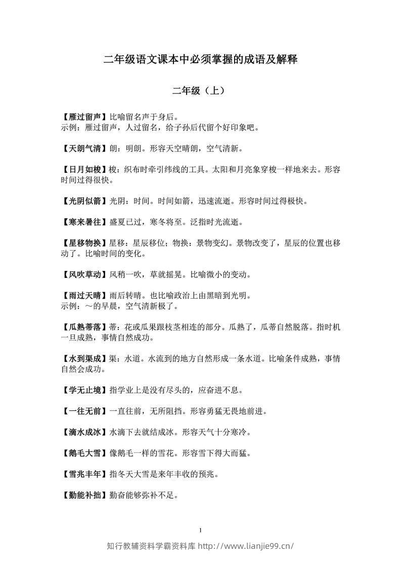 二年级上语文课本中必须掌握的成语及解释-学霸资料库学科资源下载