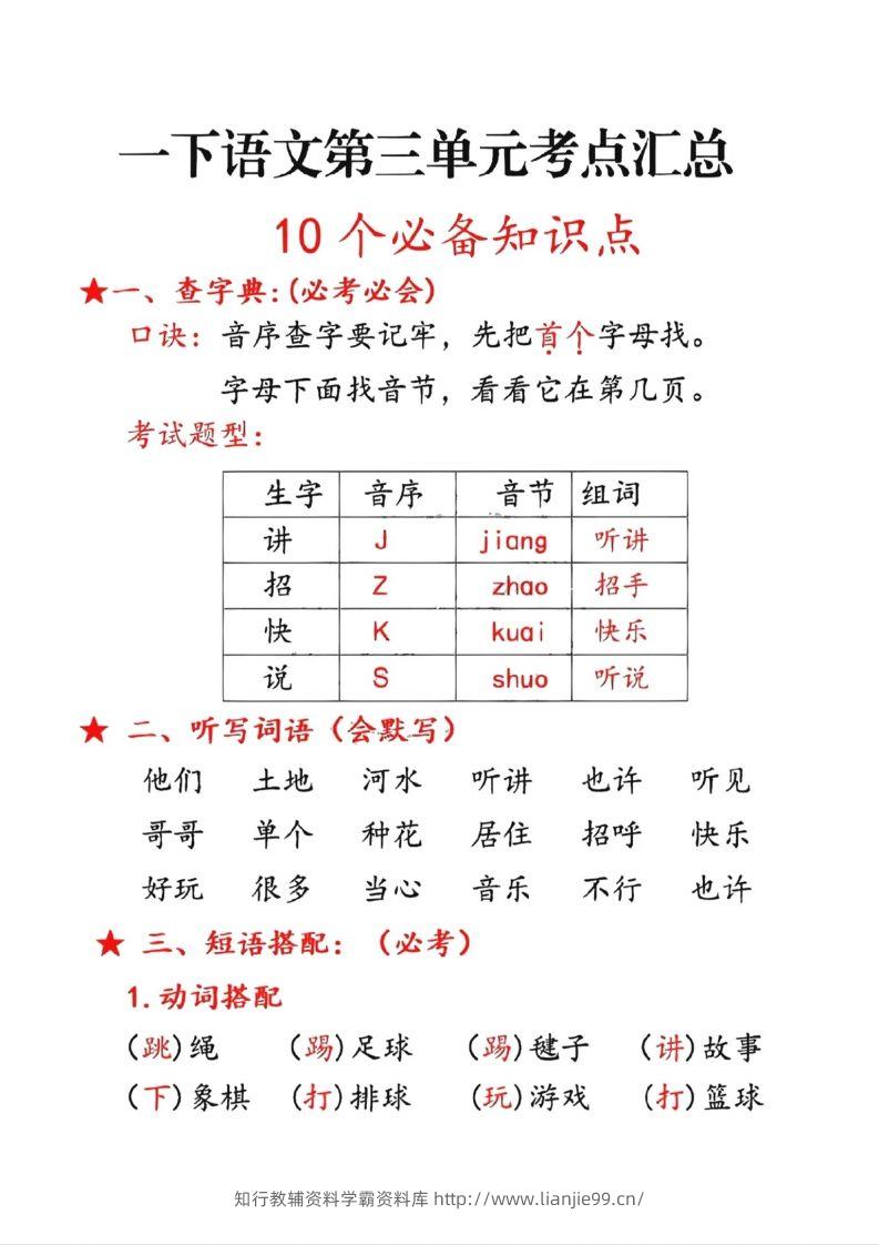 一年级下册语文第三单元10个必备知识点-学霸资料库学科资源下载