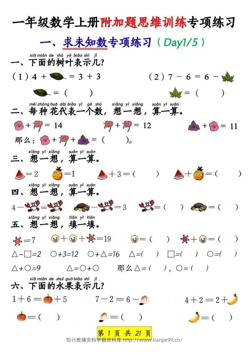一年级数学上册附加题思维训练专项练习-学霸资料库学科资源下载