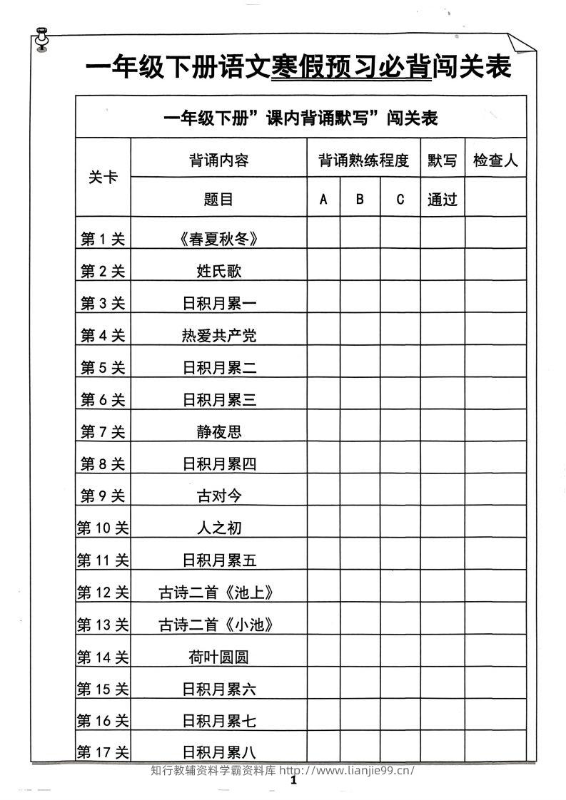一下语文预习必背闯关表-学霸资料库学科资源下载