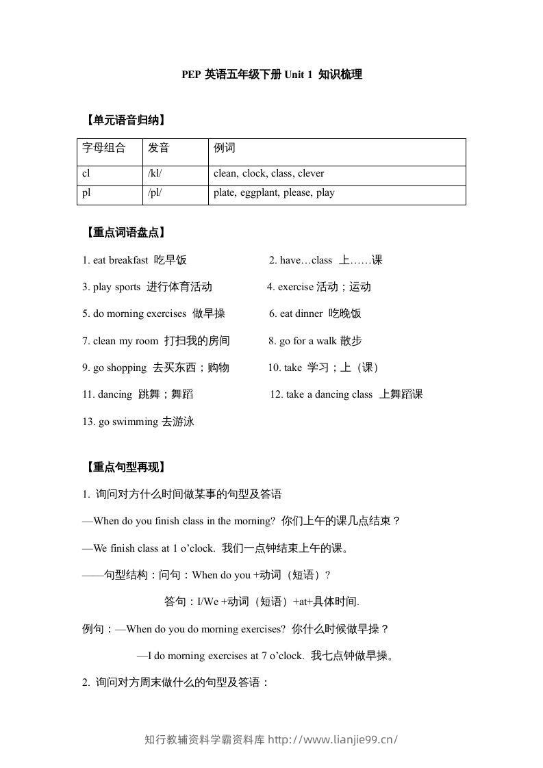 五年级英语下册【完美】单元知识梳理-Unit1Myday（人教PEP版）-学霸资料库学科资源下载