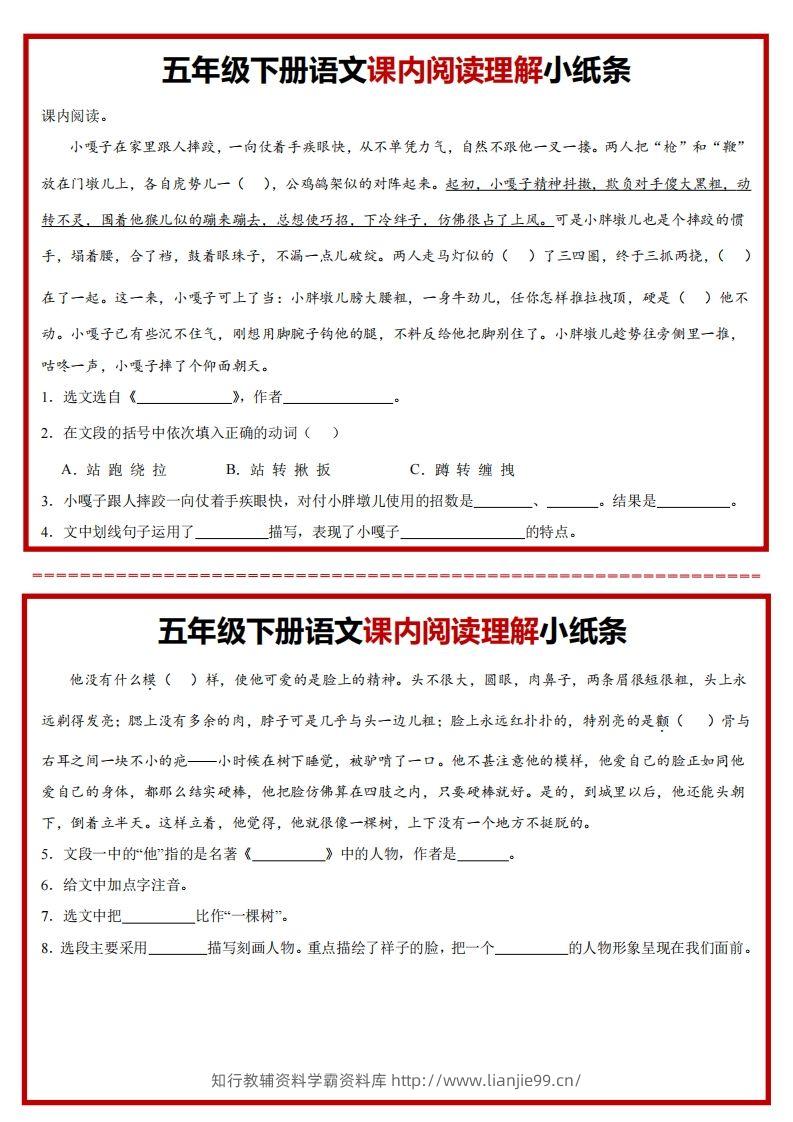 【课内阅读理解小纸条】五下语文-学霸资料库学科资源下载