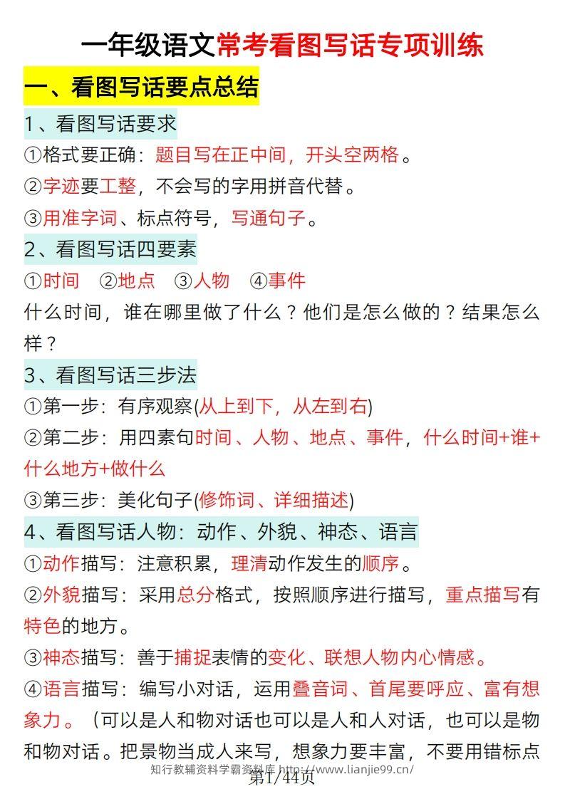2025一年级语文下册看图写话要点总结+常考看图写话专项训练-学霸资料库学科资源下载