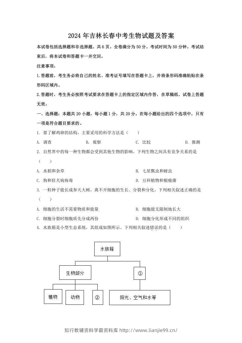 2024年吉林长春中考生物试题及答案(Word版)-学霸资料库学科资源下载
