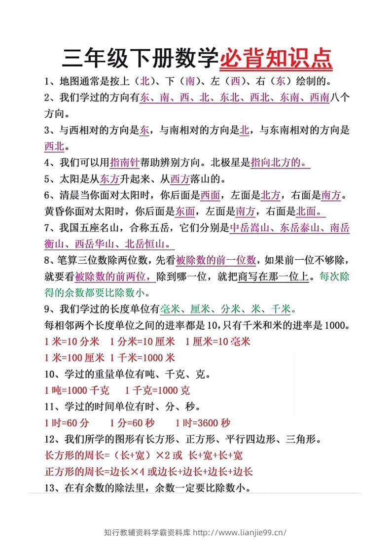 数学三年级下册必背知识点汇总-学霸资料库学科资源下载
