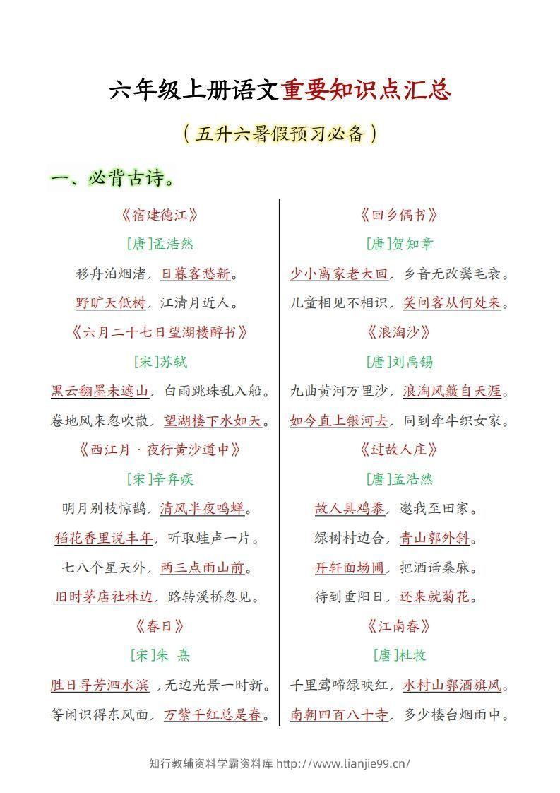 六年级上册语文重要知识点汇总-学霸资料库学科资源下载