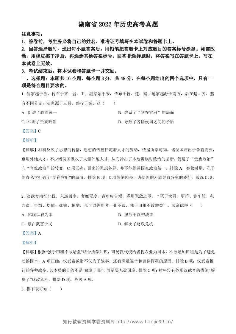 2022年高考历史试卷（湖南）（含答案）-学霸资料库学科资源下载