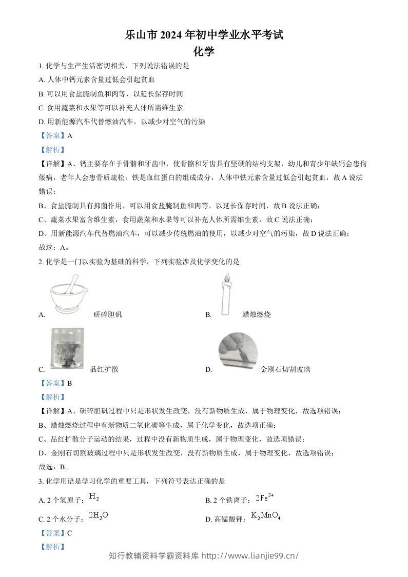 2024年四川省乐山市中考化学真题（含答案）-学霸资料库学科资源下载