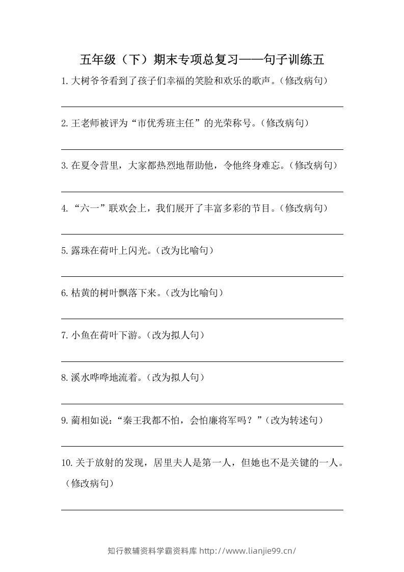 五年级语文下册期末句子训练专项训练（五）（含答案）（部编版）-学霸资料库学科资源下载