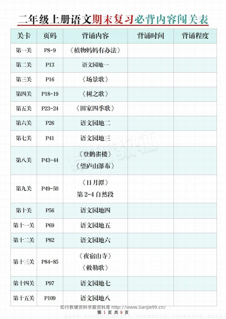 【期末复习必背内容闯关表】二上语文-学霸资料库学科资源下载