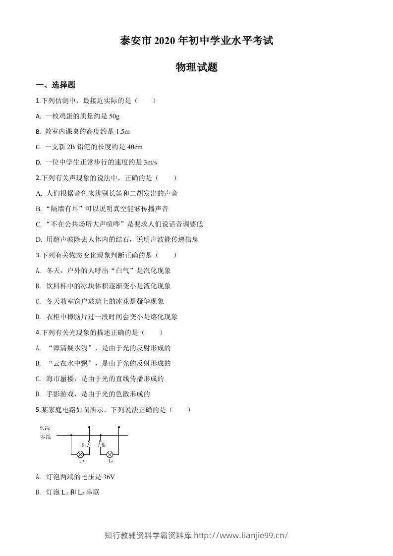 2020年山东省泰安市中考物理试题（空白卷）-学霸资料库学科资源下载