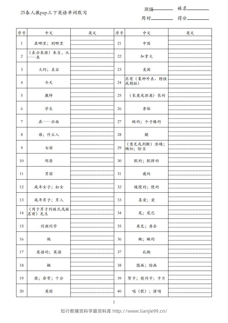 25春人教pep三下英语单词默写表（3页）-学霸资料库学科资源下载