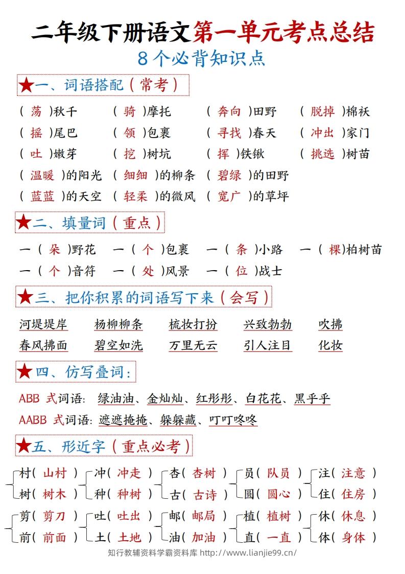 二下语文1-8单元【考点总结】（含全套练习题42页）-学霸资料库学科资源下载