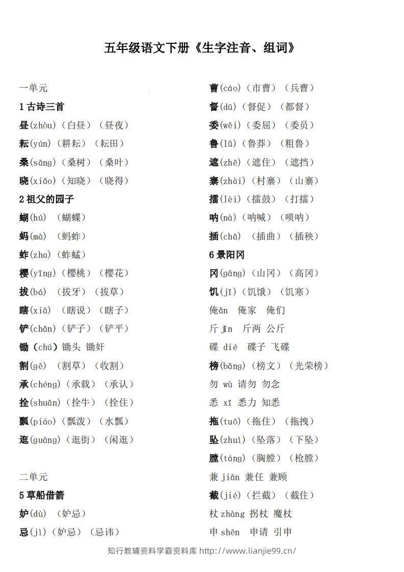 五下语文：《生字注音、组词》-学霸资料库学科资源下载