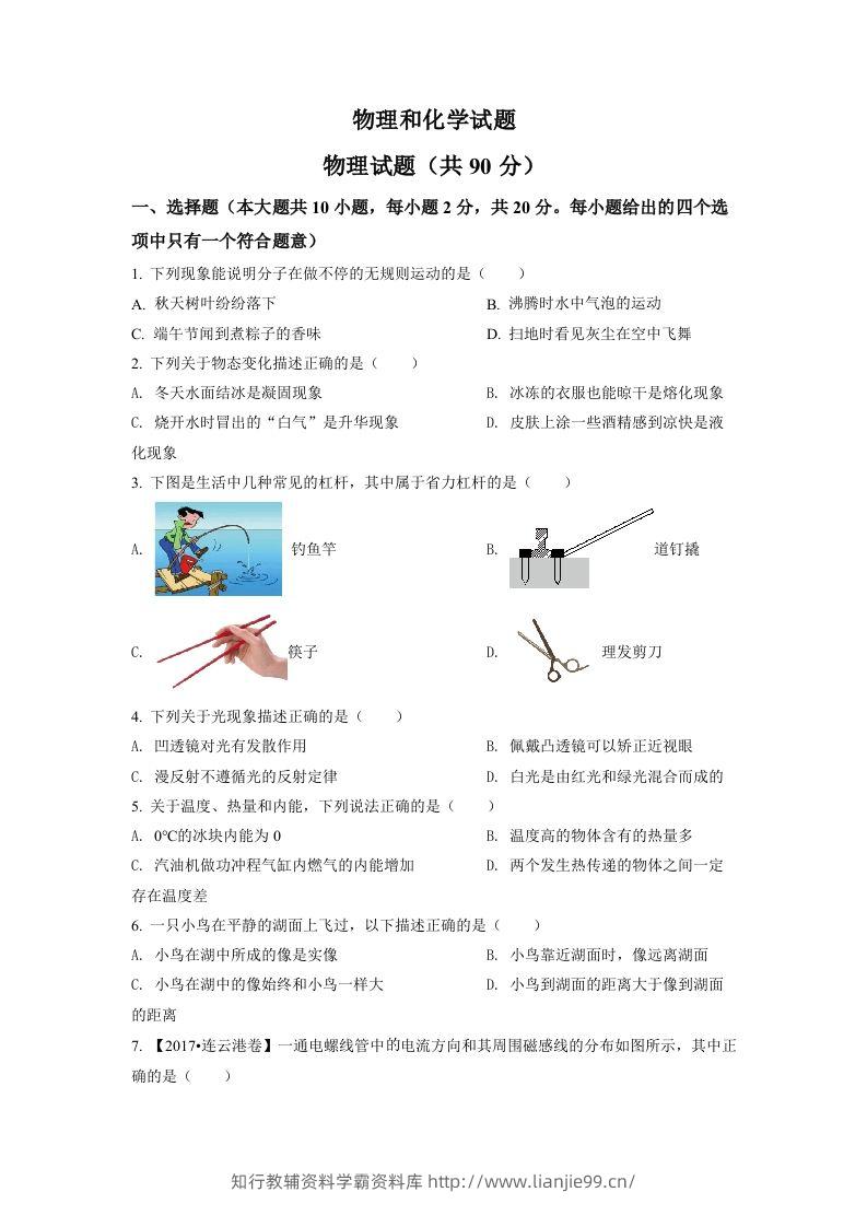 2022年江苏省连云港市中考物理真题（空白卷）-学霸资料库学科资源下载
