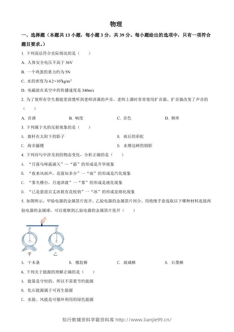 2022年湖南省郴州市中考物理试题（空白卷）-学霸资料库学科资源下载