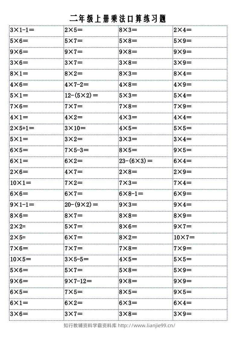 二上数学乘法口算练习题-学霸资料库学科资源下载