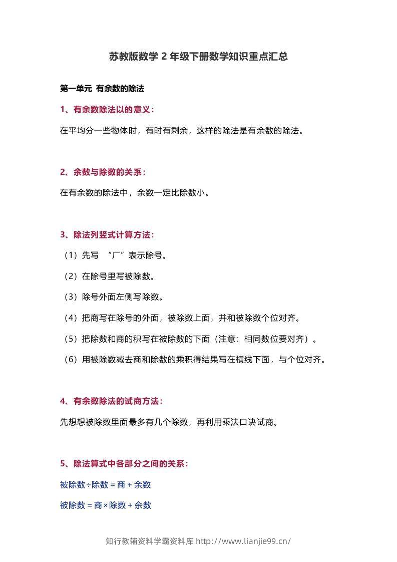 苏教版数学2年级下册数学知识点-学霸资料库学科资源下载