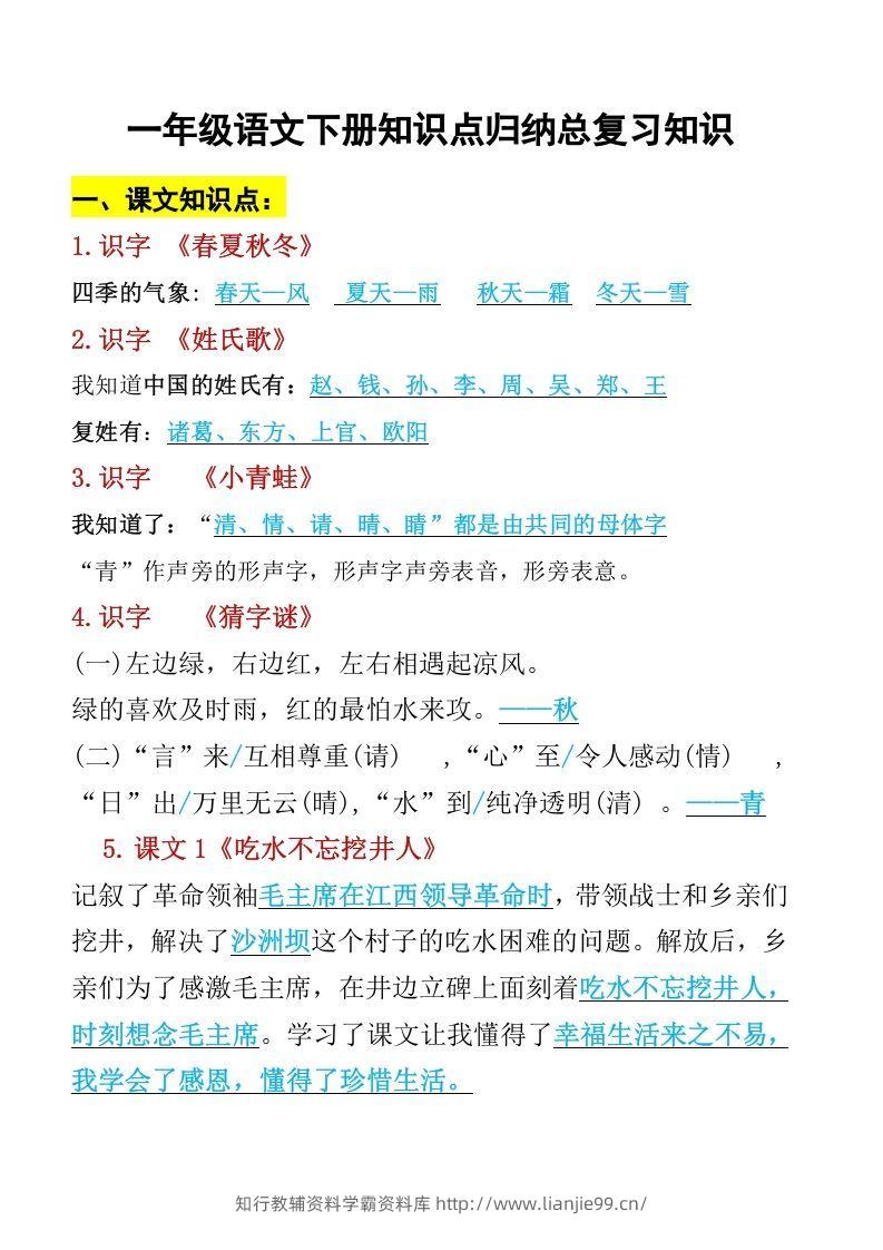 一年级语文下册知识点归纳期末总复习知识-学霸资料库学科资源下载