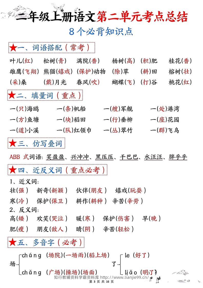 图片[3]-二年级上册语文1-8单元考点总结-学霸资料库学科资源下载