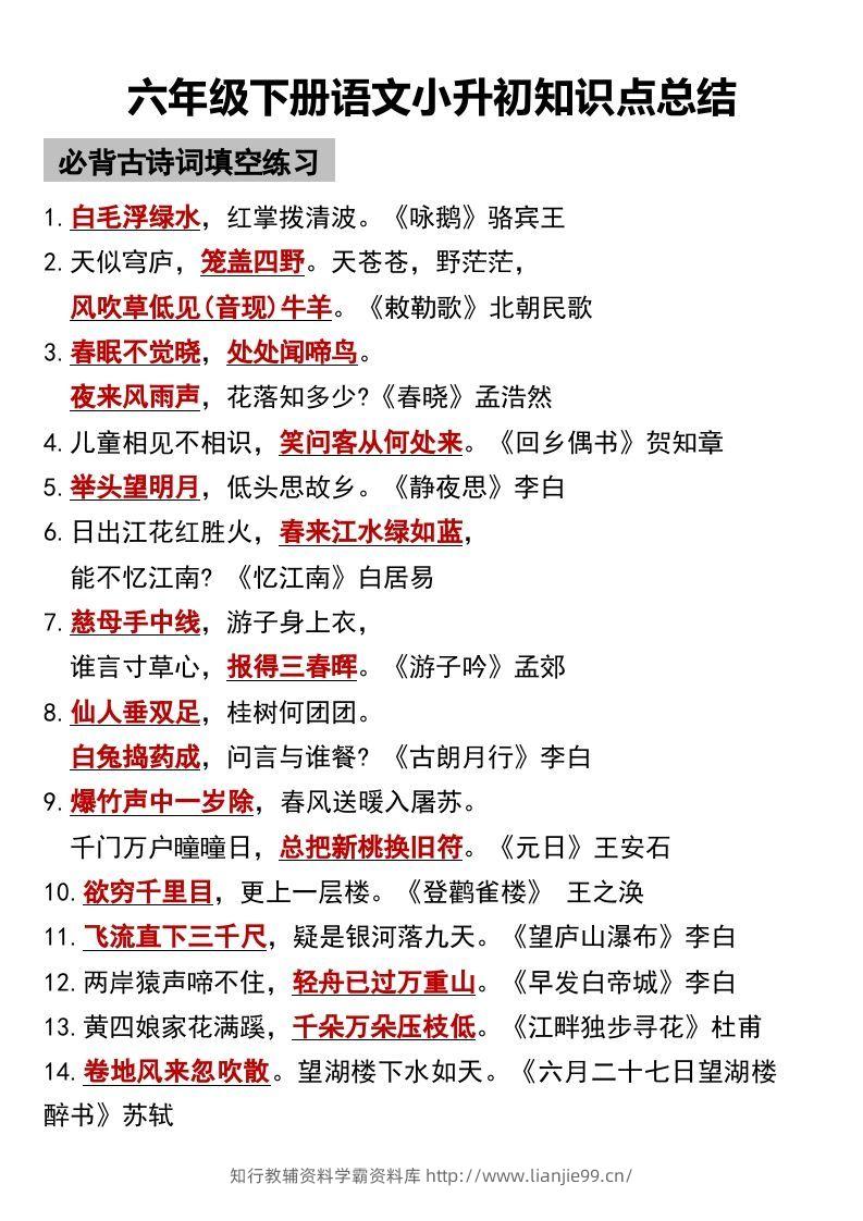 六年级下册语文小升初知识点总结-学霸资料库学科资源下载