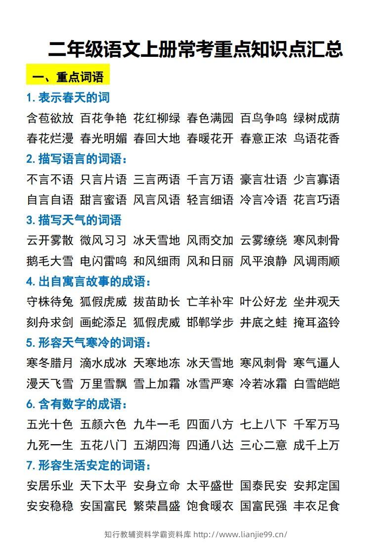二年级语文上册常考重点知识点汇总必背-学霸资料库学科资源下载