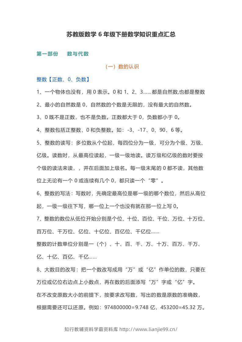 苏教版数学6年级下册数学知识点-学霸资料库学科资源下载