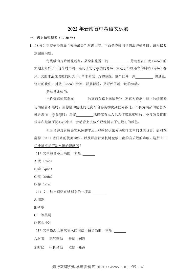 2022年云南省中考语文真题-学霸资料库学科资源下载