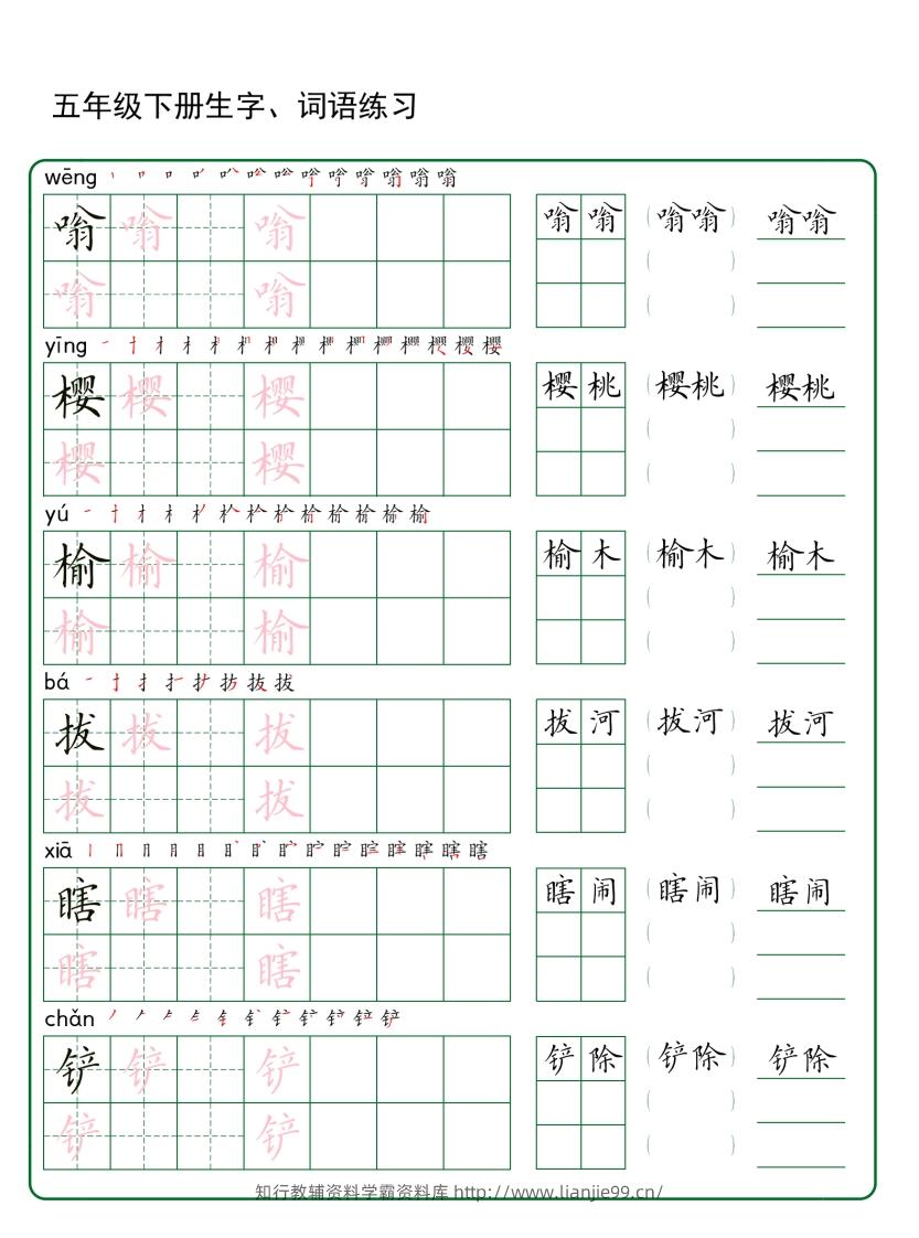 图片[2]-五年级下册语文生字词语练字（30页秋版）-学霸资料库学科资源下载