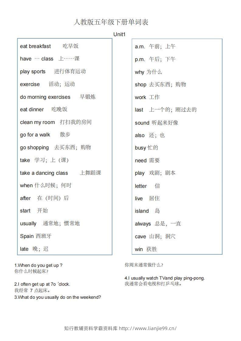 五年级英语下册单词表1（人教PEP版）-学霸资料库学科资源下载