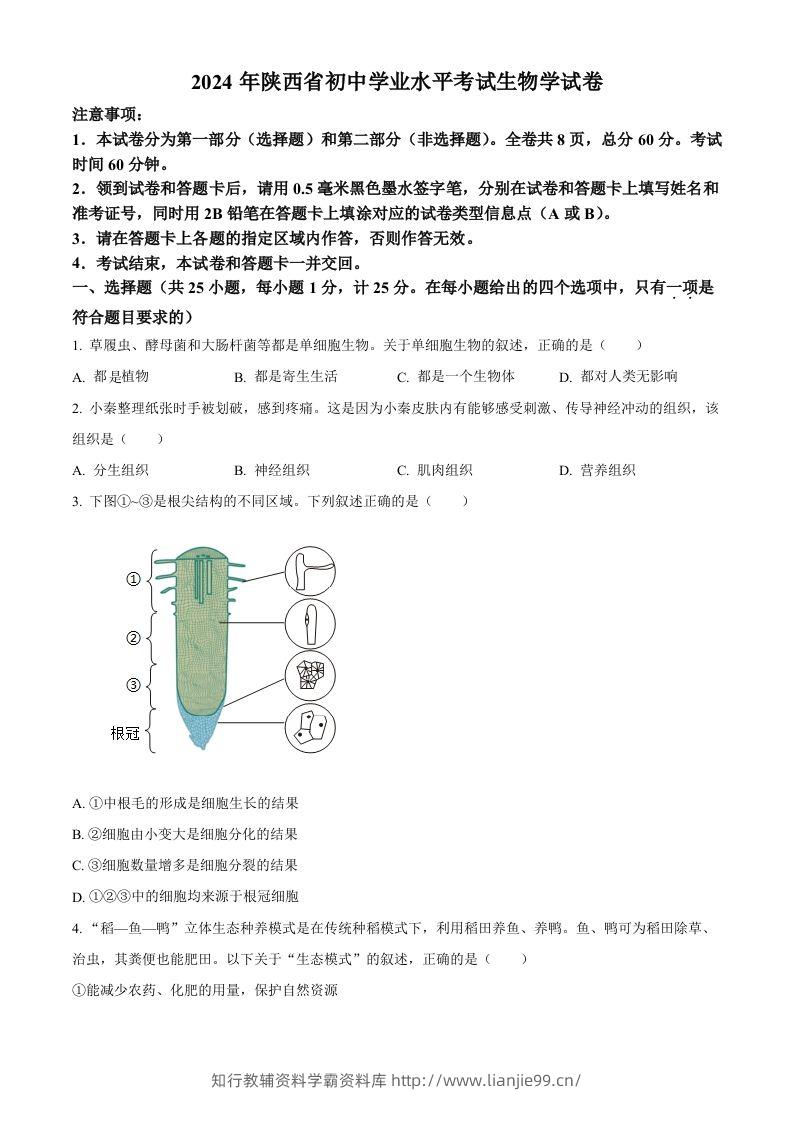 2024年陕西省中考生物真题（空白卷）-学霸资料库学科资源下载