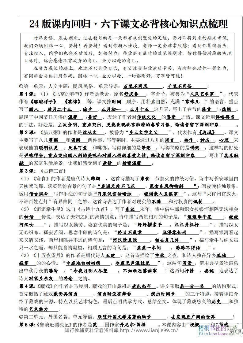 六年级下册课文必背核心知识点梳理-学霸资料库学科资源下载