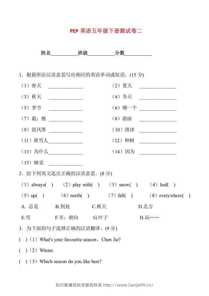 五年级英语下册5Unit2单元检测（人教PEP版）-学霸资料库学科资源下载