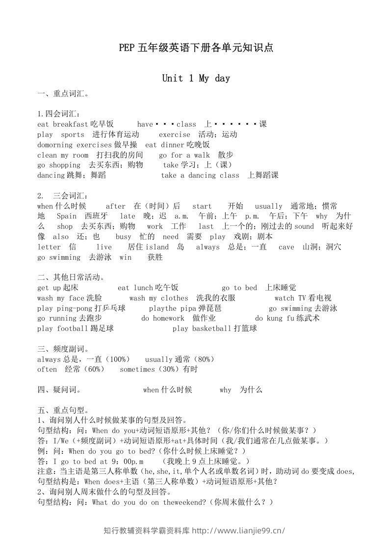 五年级英语下册五英下知识点21页（人教PEP版）-学霸资料库学科资源下载