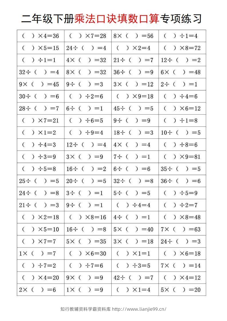 图片[2]-二下数学【乘法口诀和混合运算专项练习】-学霸资料库学科资源下载