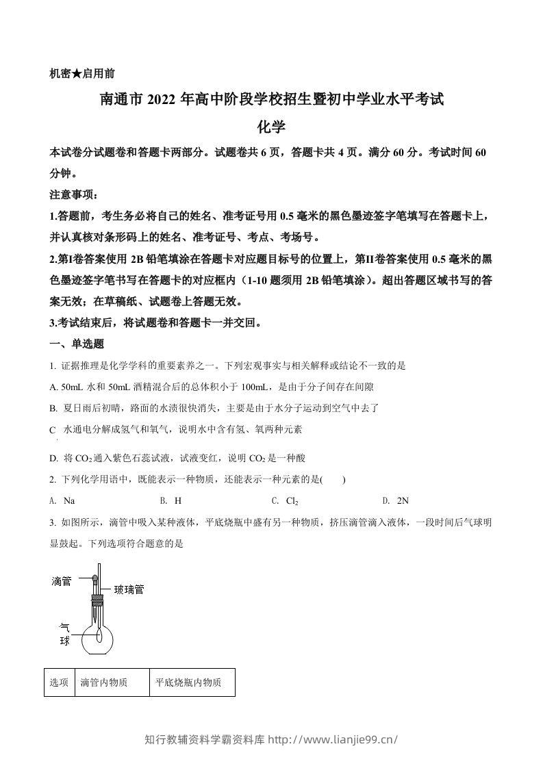 2022年江苏省南通市中考化学真题（空白卷）-学霸资料库学科资源下载