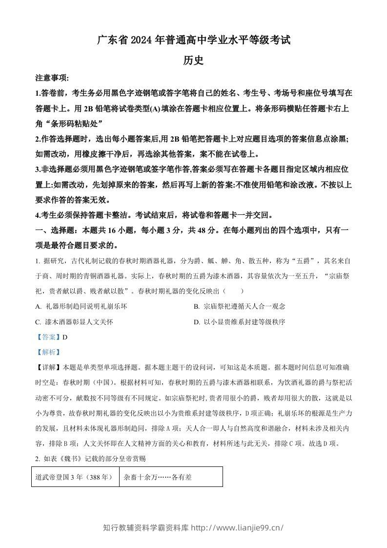2024年高考历史试卷（广东）（含答案）-学霸资料库学科资源下载