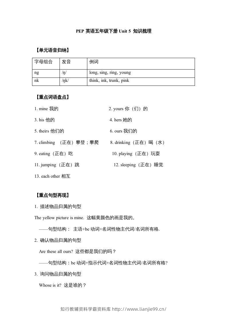 五年级英语下册【完美】单元知识梳理-Unit5Whosedogisit（人教PEP版）-学霸资料库学科资源下载