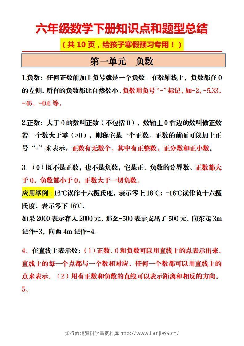 六年级数学下册知识点和题型总结10页-学霸资料库学科资源下载