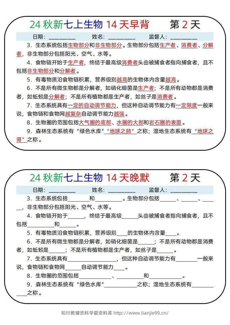 图片[2]-24秋新七上生物14天早背晚默-学霸资料库学科资源下载