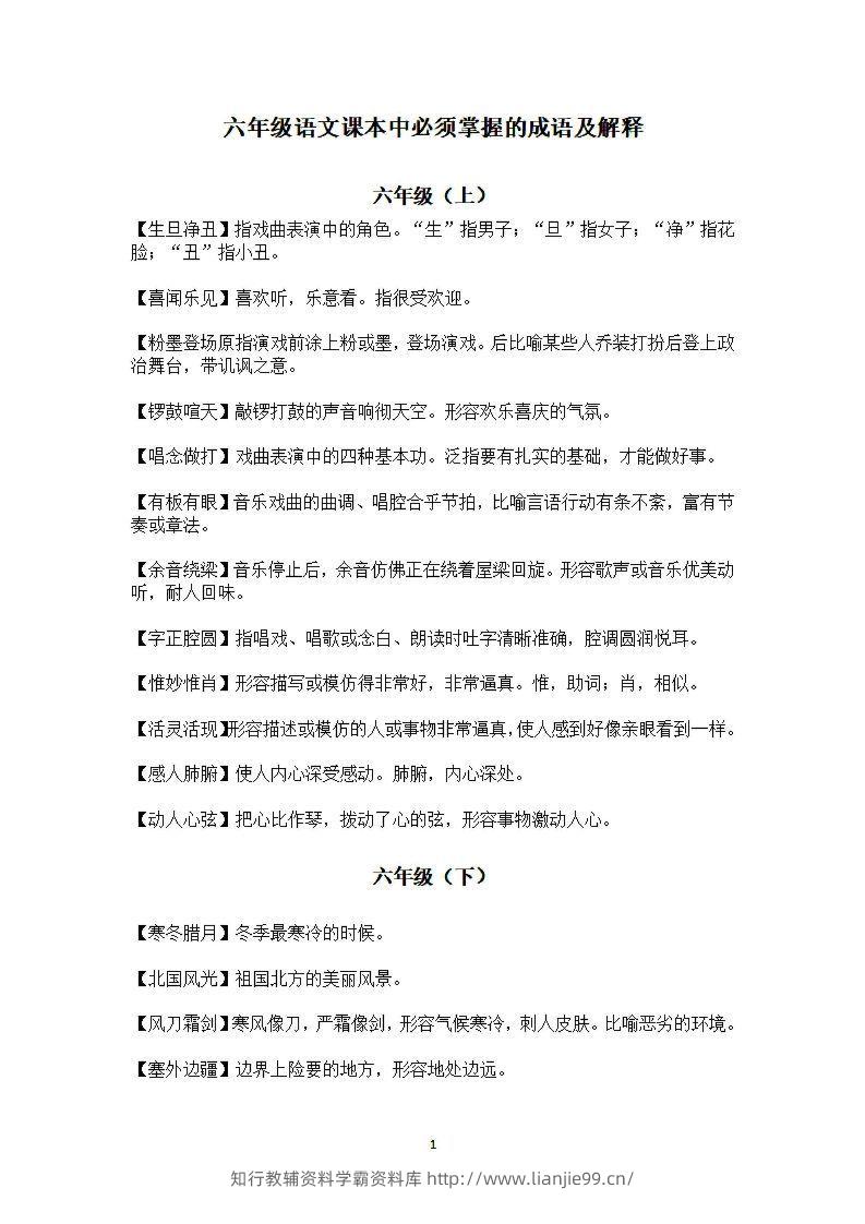 六年级上语文课本中必须掌握的成语及解释-学霸资料库学科资源下载
