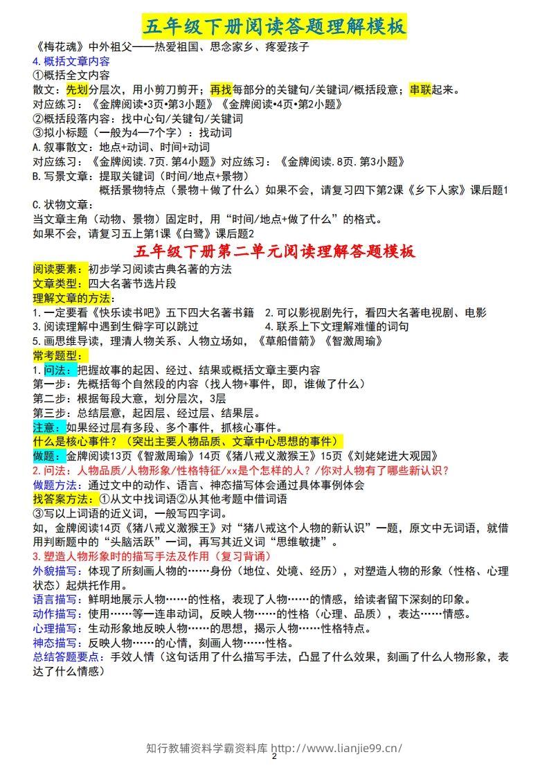 图片[2]-【阅读理解答题模板】五下语文-学霸资料库学科资源下载