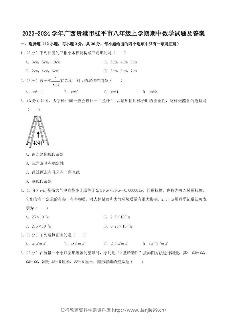 2023-2024学年广西贵港市桂平市八年级上学期期中数学试题及答案(Word版)-学霸资料库学科资源下载