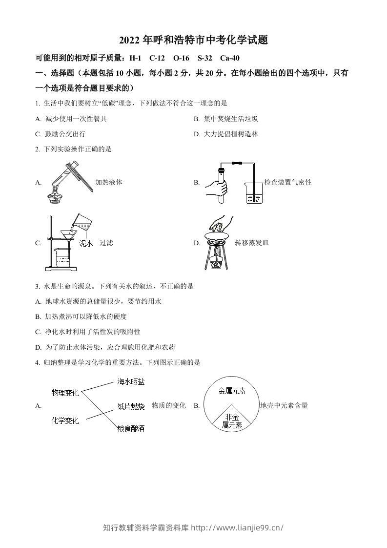 2022年内蒙古呼和浩特市中考化学真题（空白卷）-学霸资料库学科资源下载