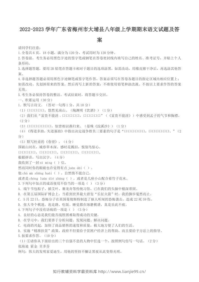 2022-2023学年广东省梅州市大埔县八年级上学期期末语文试题及答案(Word版)-学霸资料库学科资源下载