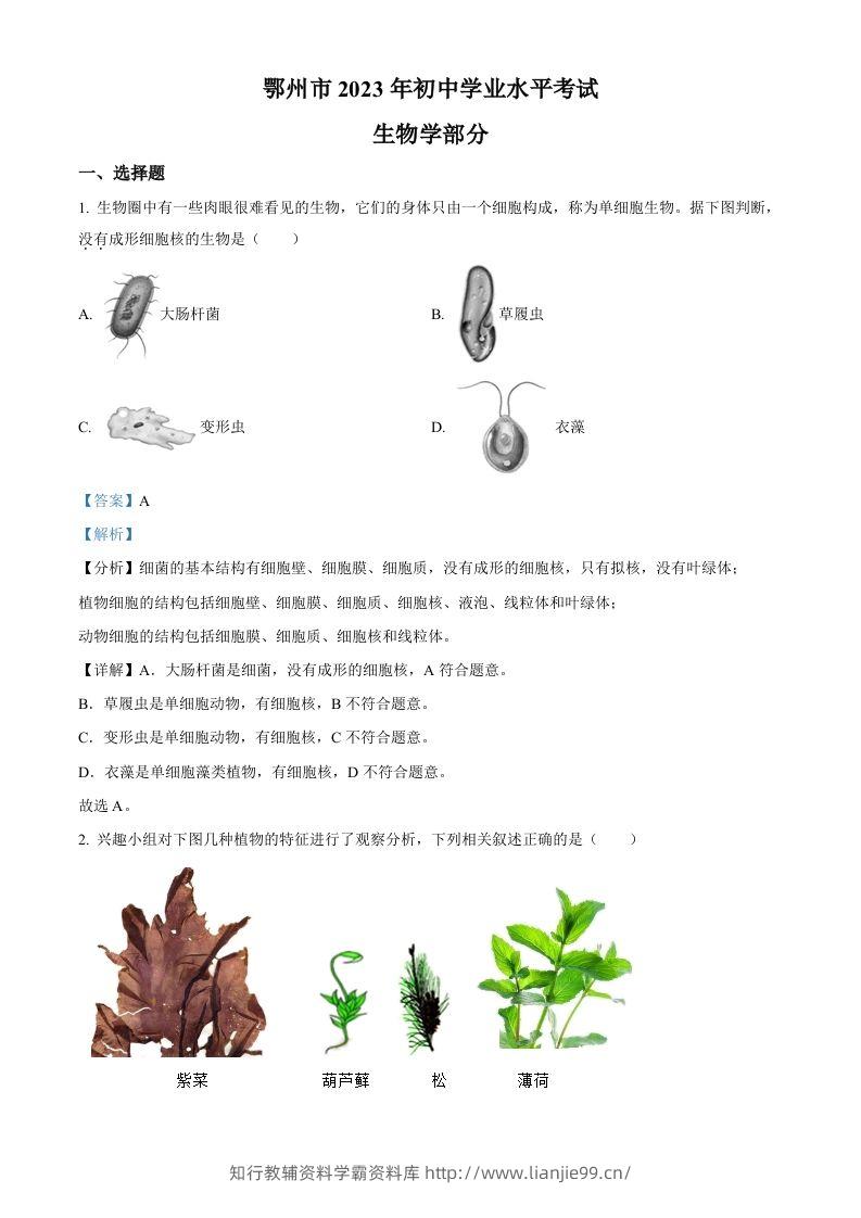 2023年湖北省鄂州市中考生物真题（含答案）-学霸资料库学科资源下载